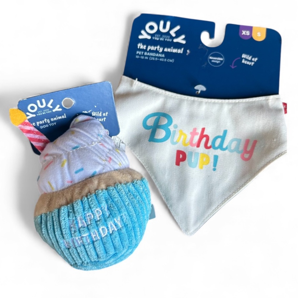 Birthday cupcake dog toy bandana set NEW